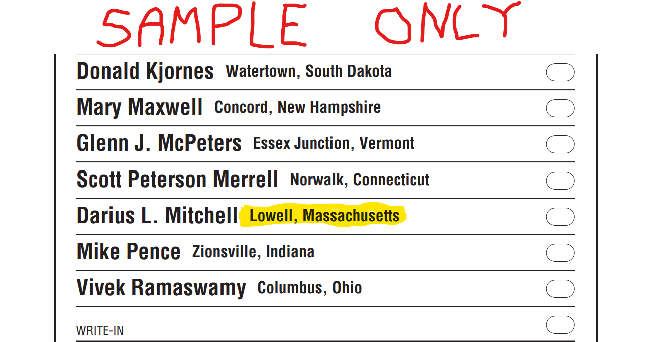 Lowell On N H Primary Ballot InsideLowell   DariusMitchellBallotTightShotSample 